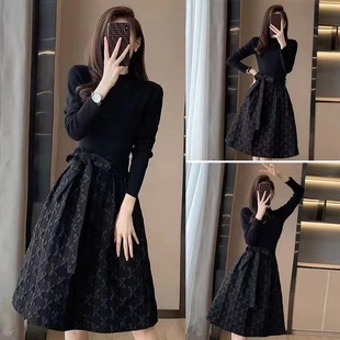 Hepburn Style Black Long-Sleeved Dress for Women 2025 Autum Mid-Length Fashionable Waist Slimming Look A-Line Puffy Skirt