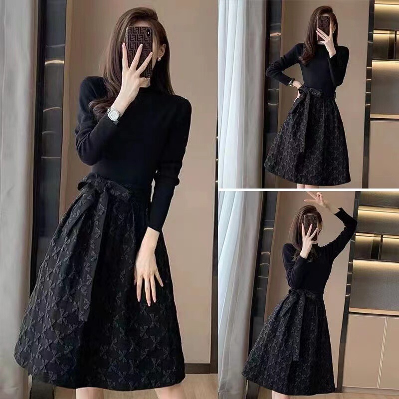 Hepburn Style Black Long-Sleeved Dress for Women 2025 Autum Mid-Length Fashionable Waist Slimming Look A-Line Puffy Skirt