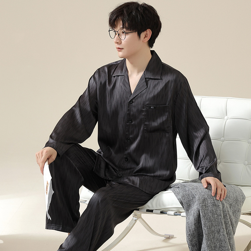 ZHUOJIA 남성용 얼음과 눈 실크 잠옷 봄, 가을 얇은 새 카디건 홈웨어 청소년 긴팔 바지 정장