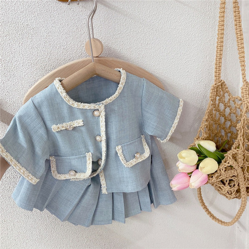 Korean style girls' little fragrance suit 2024 summer new style baby girl's temperament short-sleeved top pleated skirt two-piece set