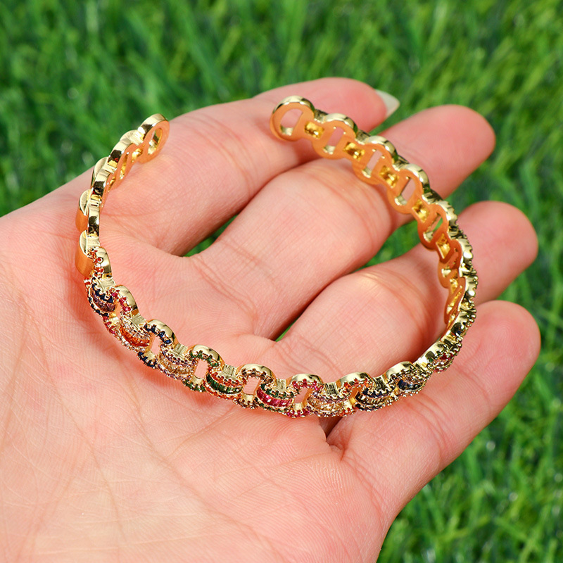 Retro Color Block Copper Inlaid Zircon Bangle