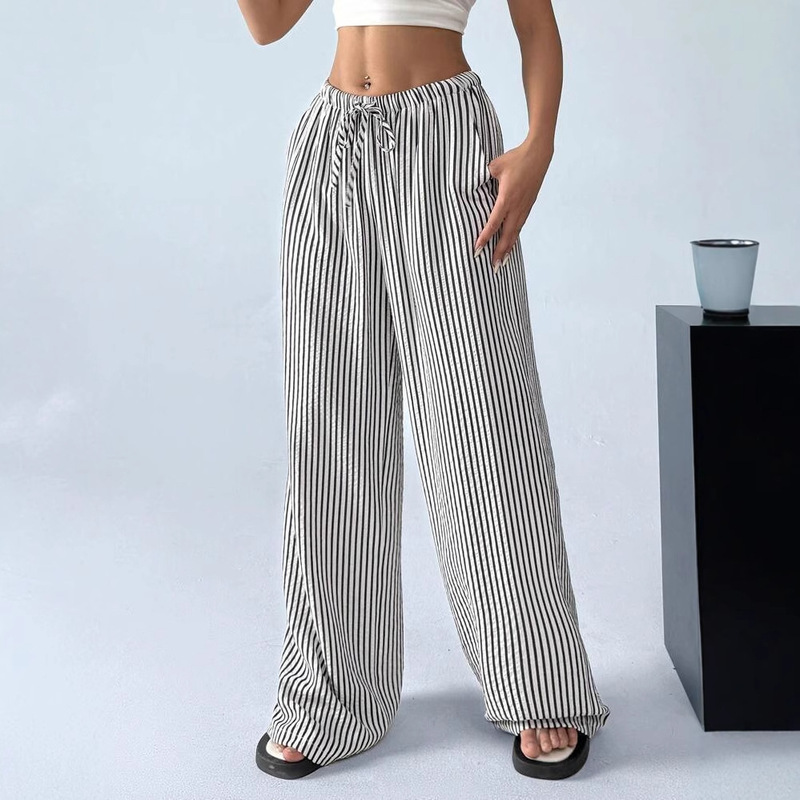 Amazon ebay AliExpress ヨーロッパとアメリカの女性のストライプワイドレッグパンツルーズハイウエスト調節可能な巾着カジュアルパンツ|undefined
