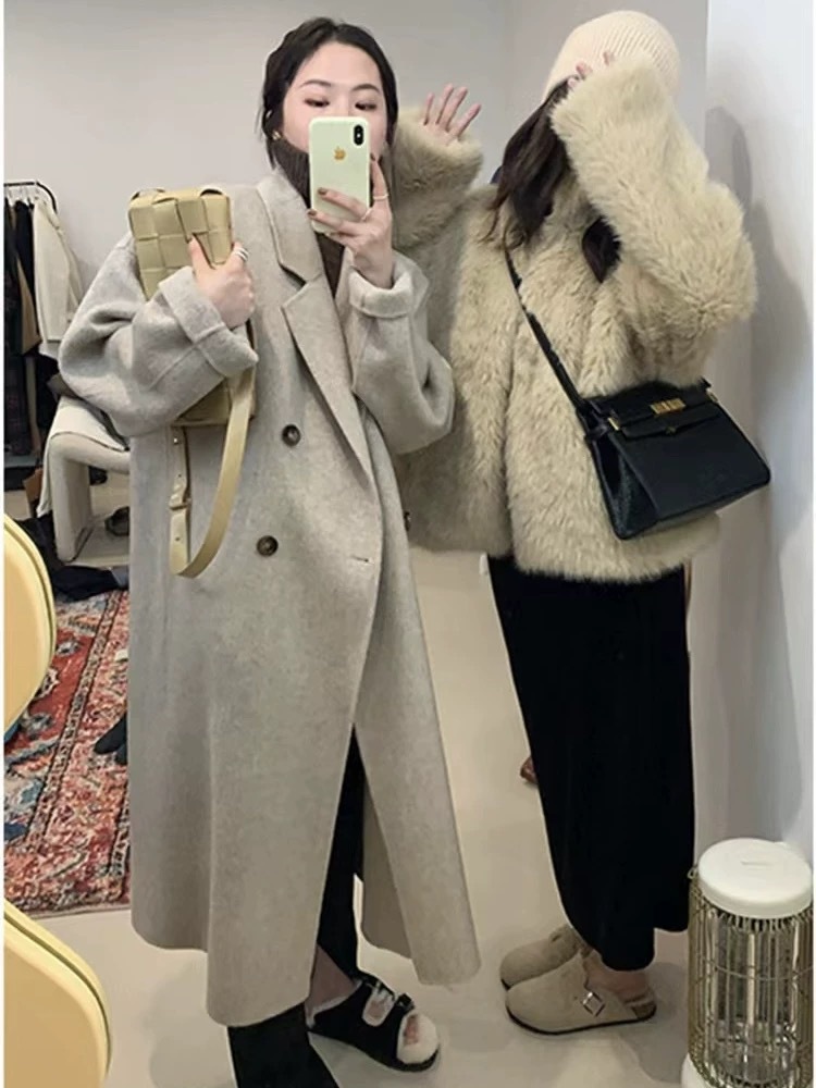 蘇力羊ラクダ美ラード高級感両面カシミヤコート女性24秋冬新作厚手ウールコート