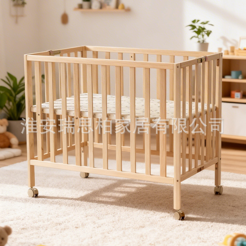 Solid wood baby crib with adjustable height, multifunctional and foldable for small spaces, suitable for newborns, movable and suitable for cross-border use