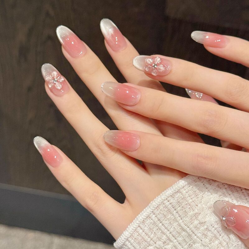 Yihe Wearable Nails [Nude Ice Flower] Ice-Transparent Carved Spring and Summer Elegant Blush Nude Manicure Wearable Nails