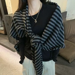 Spring Lazy Style Loose Striped Knitted Shawl Women's Warm Triangle Scarf Cape Overlap