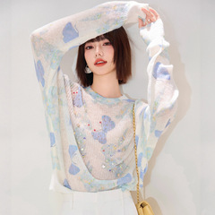 R9049气质晕染印花超仙水钻提花马海毛毛毛衣女圆领打底衫女秋冬