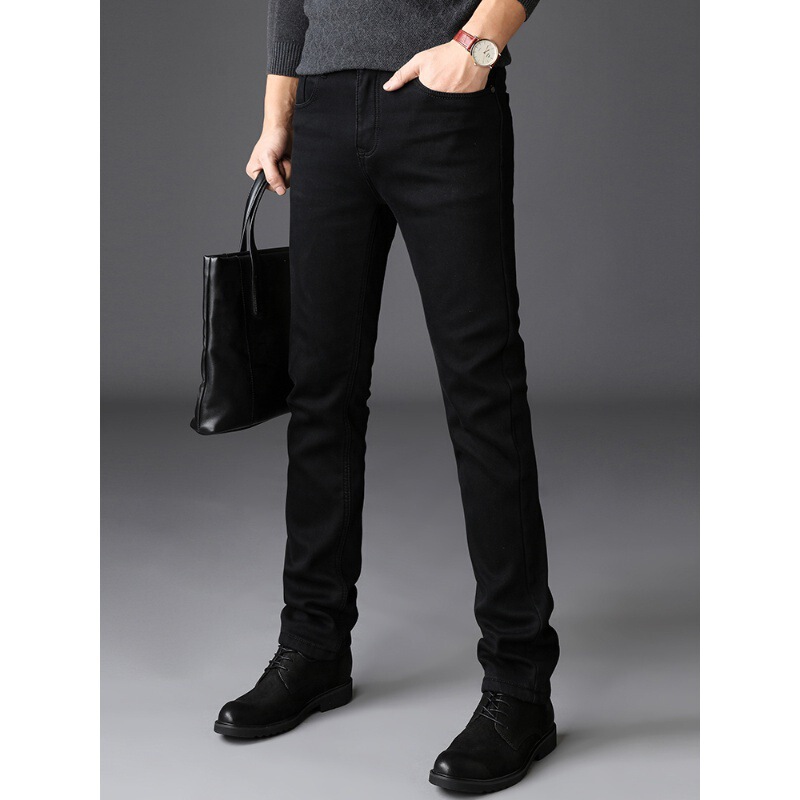 Autumn and winter black business jeans for men, winter fleece-lined, loose straight fit, trendy versatile slim-fit skinny pants Autumn and winter black business jeans for men, winter fleece-lined, loose straight fit, trendy versatile slim-fit skinny pants