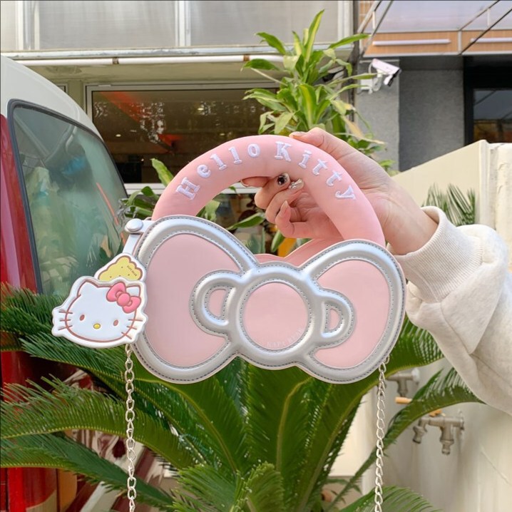 Cartoon Hello Kitty Chain Bag Girly Bow-Shaped Pu Leather Small Backpack Casual Portable Crossbody Bag
