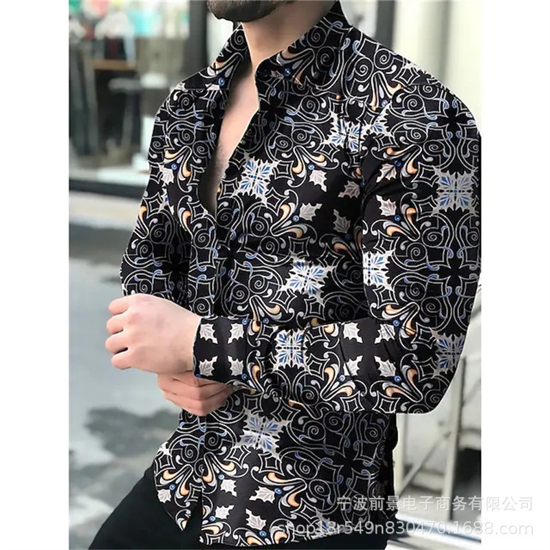 2025wish AliExpress 新しいメンズ 3D デジタルプリント長袖シャツ春メンズラペルスリムトップ|undefined