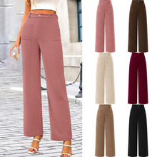 亚马逊跨境欧美秋冬毛呢雪尼尔绒外贸休闲女装高腰通勤阔腿裤长裤