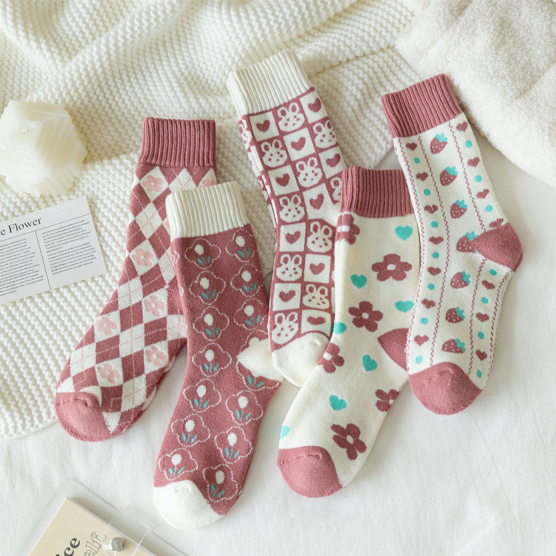 Winter New Thick Ribbed Cotton Slippers for Women, Warm and Soft Towel Socks, Colorful Women's Mid-Calf Loops Socks for Ladies