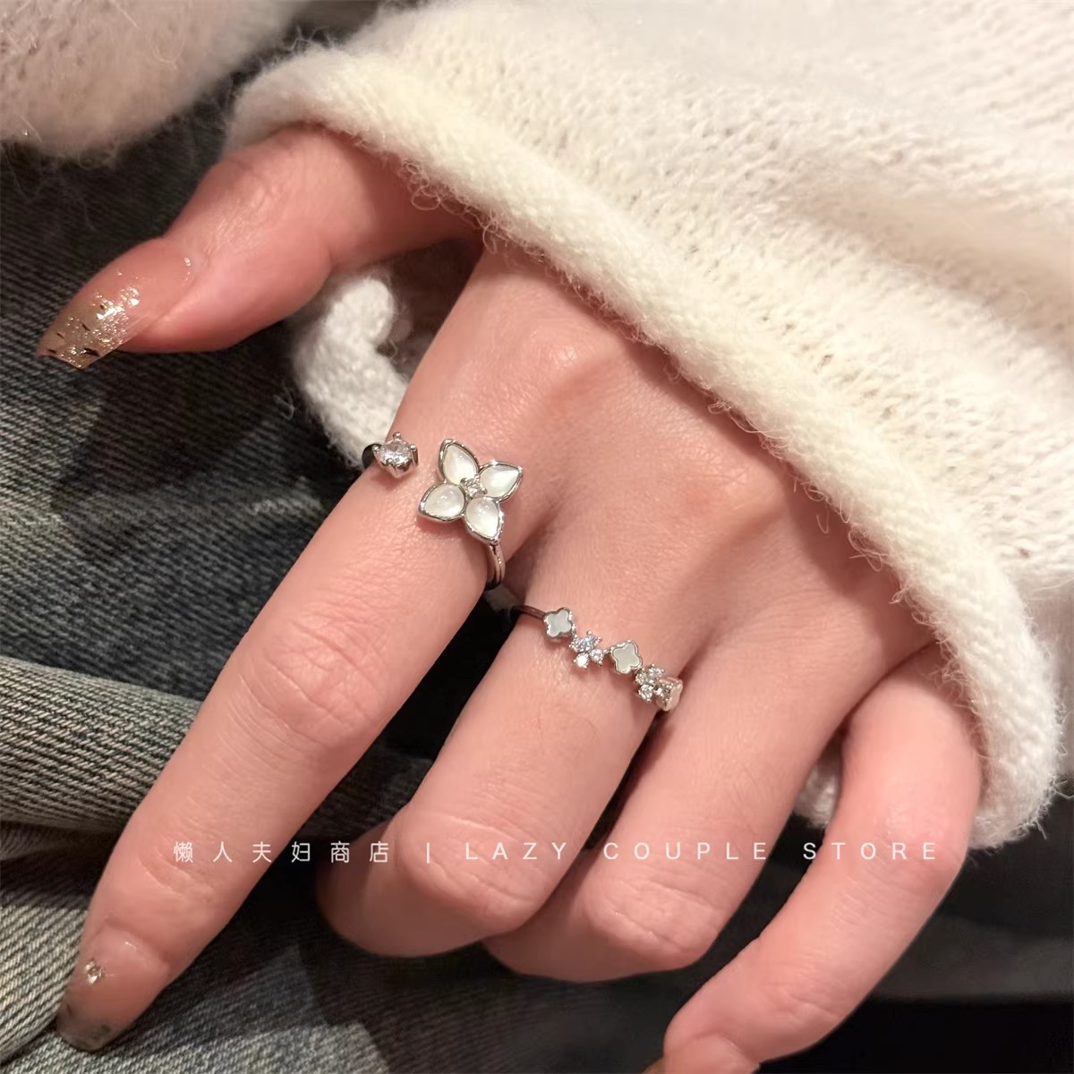 Elegant and Luxurious Silver Four-Leaf Clover Mother-Of-Pearl Ring for Women, Niche Design, Exquisite Open Stackable Ring, 2026 Trend 3