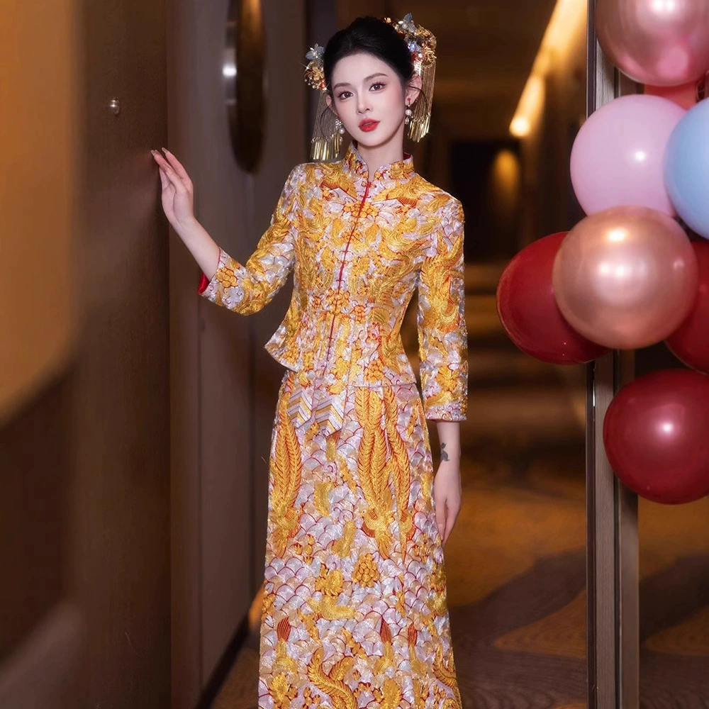 Платье Дракона и Феникса свадебное платье тяжелой промышленности свадебное платье невесты Xiuhe костюм 2025 новое осеннее свадебное китайское свадебное платье да Wufu платье король