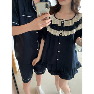 Cross-Border Foreign Trade Women's Korean Style Couple's Sweet Lace Princess Style Summer Breathable Outer Wear Home Clothes Set