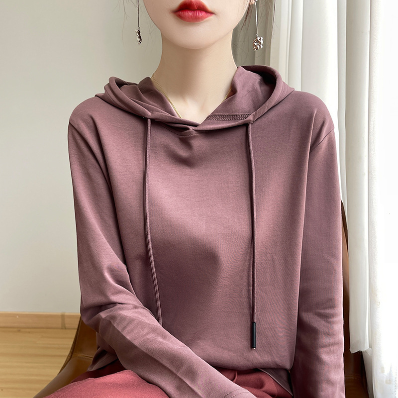 2025年早秋新款纯棉线连帽针织衫长袖女纯色宽松百搭套头卫衣上衣|undefined