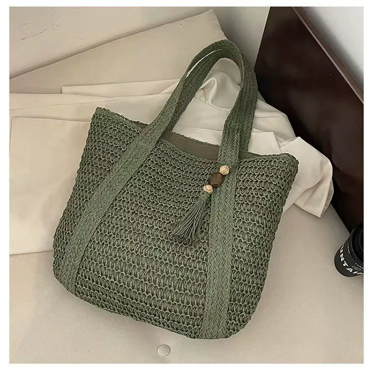 Summer straw capacious woven beach shoulder bag