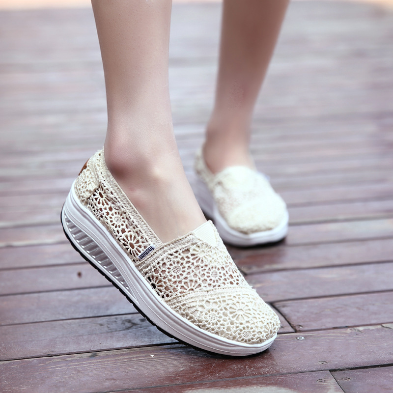 Summer Canvas Shoes for Women, Thick-Soled Lace Rocking Shoes, Women's Mesh Breathable Heightening White Shoes, Platform Mesh Shoes, Women's Flats