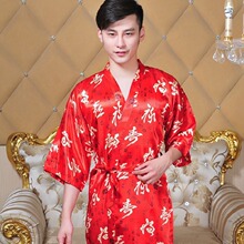 亚马逊跨境加长款丝绸男式仕外贸色丁缎睡袍开袍家居服福禄寿