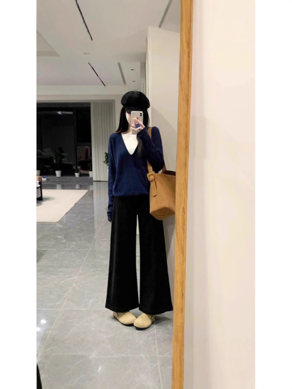 藏青色V领针织衫女秋季新款高级感内搭打底衫显瘦假两件长袖上衣|undefined