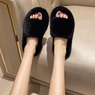 2024 Autumn and Winter New Curly Slippers Women's Korean-style Fashionable Korean-style Outerwear Low Heel Open Toe One-character Maomao Simple Slippers