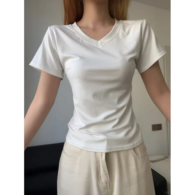 Cross-Border V-Neck Pleated Waist Solid Color Regular Shoulder Short-Sleeve Women's T-Shirt Custom Women's Slim-Fit Top Base Shirt for Women
