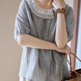 可然亚麻雨露麻细支色织条纹布夏季新款褶皱娃娃领衬衫图片色