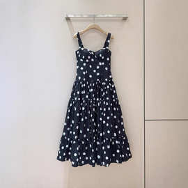 纯棉黑底白波点连衣裙2025夏装复古荷叶摆吊带长裙胸杯显瘦小黑裙