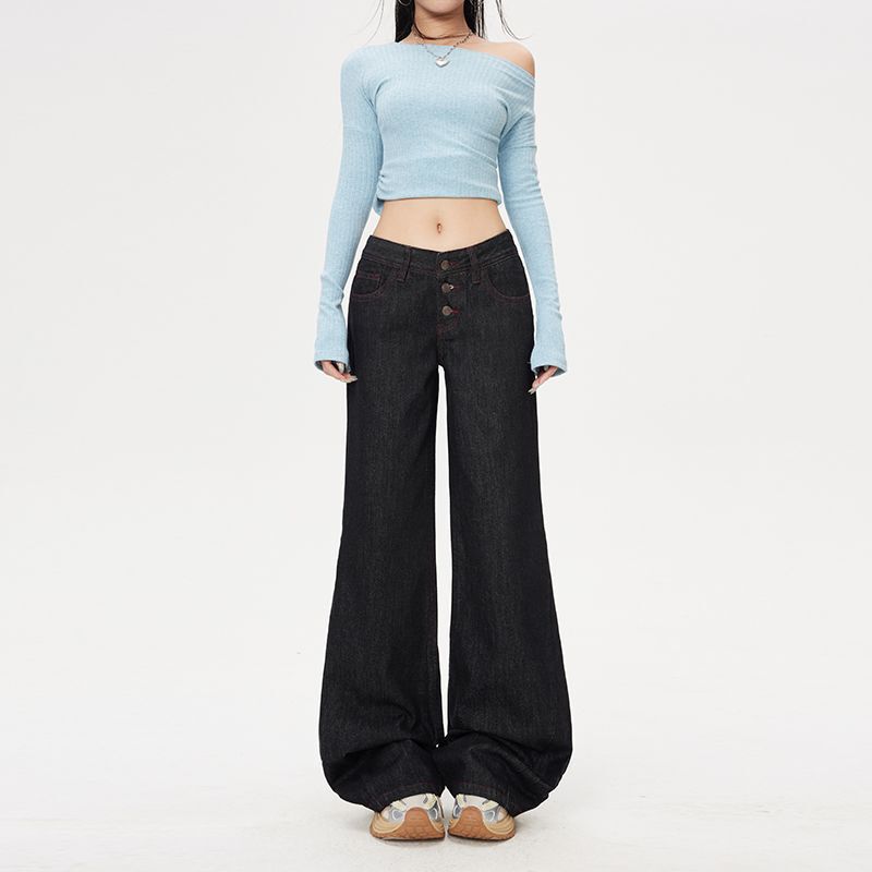 2026 Spring New Black Tea Color Button Front Contrast Color Stitching Curved Hem Jeans for Women Low Waist Floor-Length Pants 2026 Spring New Black Tea Color Button Front Contrast Color Stitching Curved Hem Jeans for Women Low Waist Floor-Length Pants