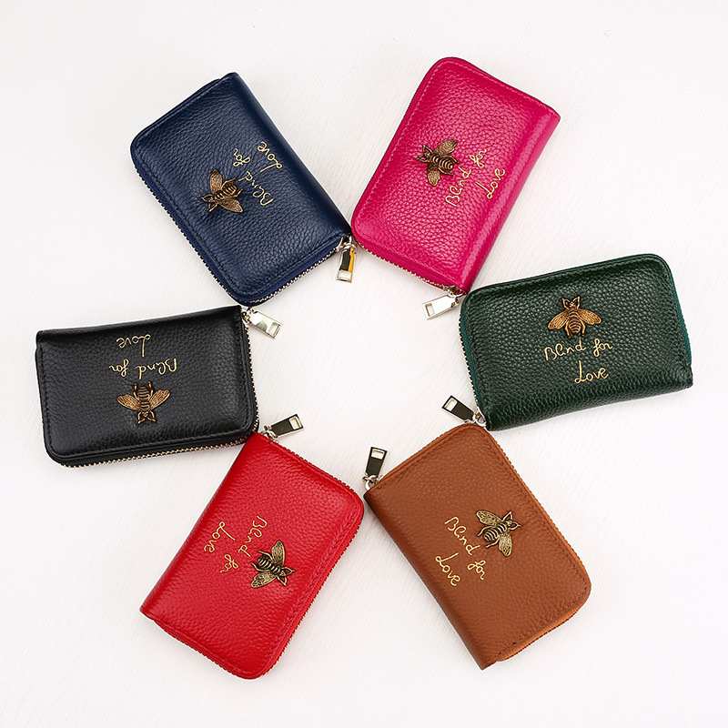 New first layer cowhide bee leather organ card bag coin purse multi-card small wallet manufacturers wholesale