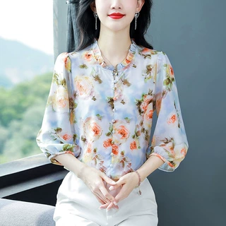 实拍雪纺衬衫新款复古港味气质桑蚕丝上衣女士百搭小衫宽松遮肚子