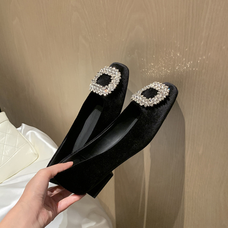 羊皮版葡萄ma同款贵气闪闪钻扣圆头高跟鞋舒适粗跟绒面浅口单鞋女|undefined