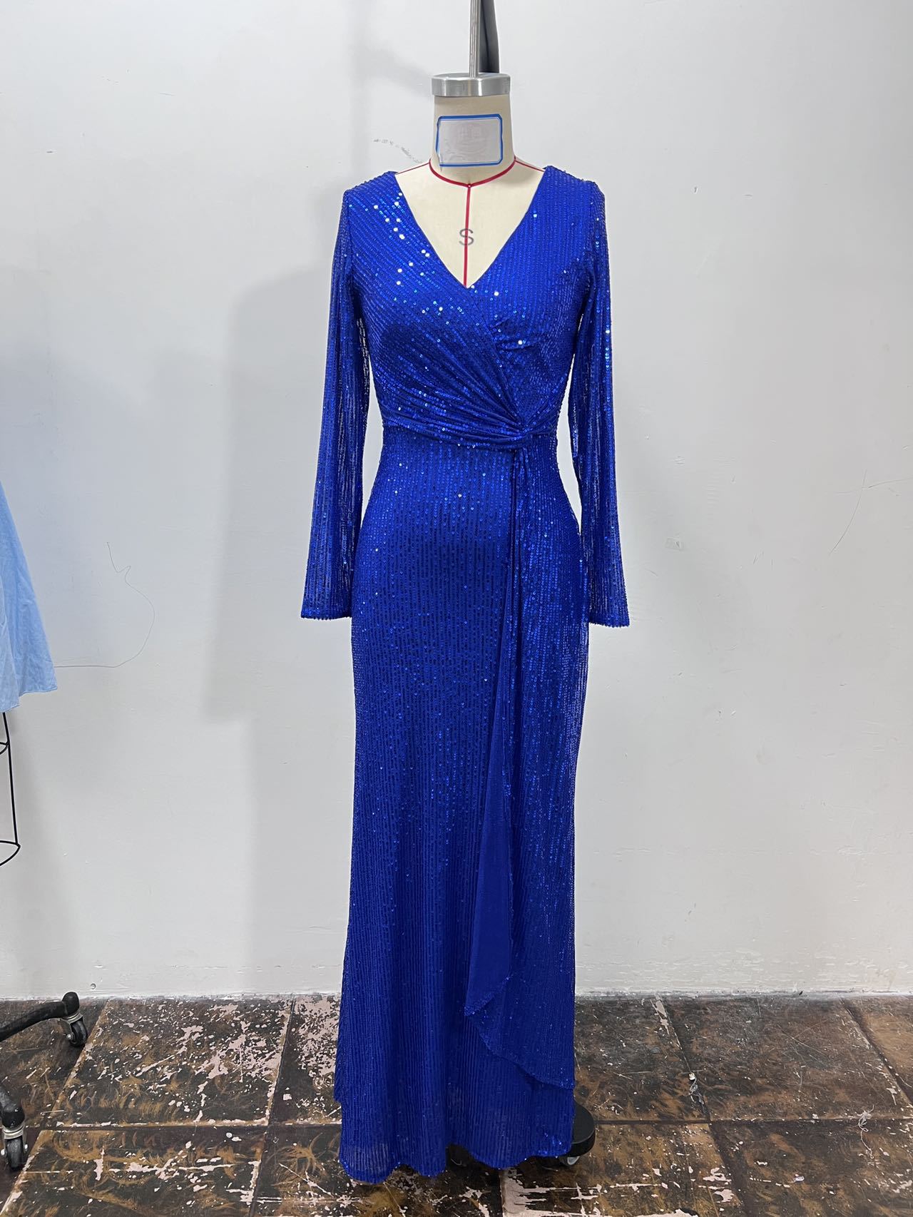 Elegantes Langarm Pailletten Abendkleid Für Damen Einfarbig_voghion.com