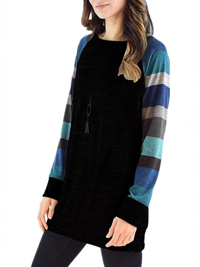 Amazon Cross-Border Best-Selling Plus-Size Spring and Autumn Women's Round-Neck T-Shirt, Loose Striped Print Raglan Sleeve Casual Sweatshirt