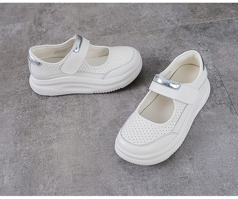 Dép Mary Jane nữ đế dày da bò thật quai Velcro thoáng khí — trắng chi tiết 14