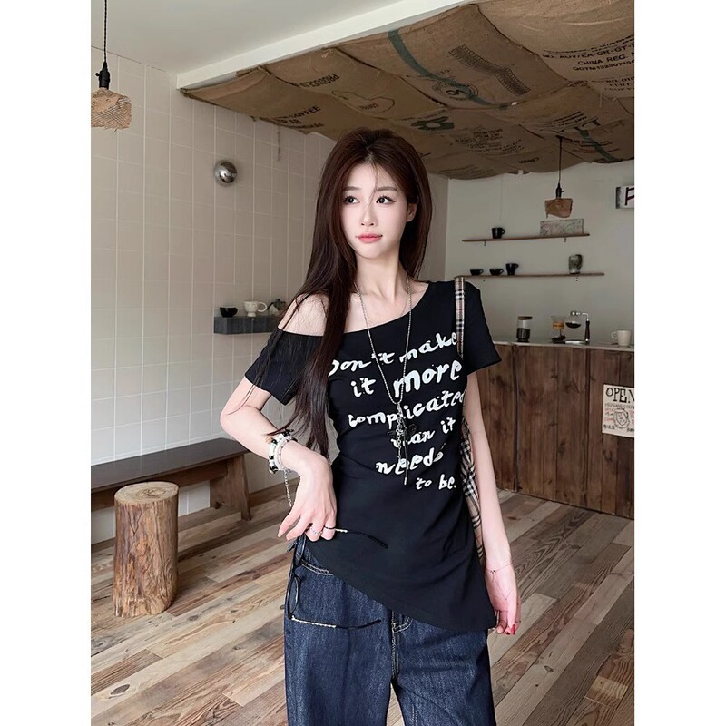 ウエストを細くする斜め肩トップス、プラスサイズのファットmm夏アメリカンホットガールプリント半袖Tシャツ、デザインはしわを引き締めてスリムに見えます|undefined