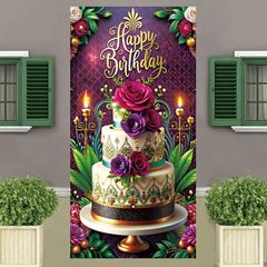新款跨年生日蛋糕紫色门罩门布盖庆祝节日装饰氛围装派对用品横幅