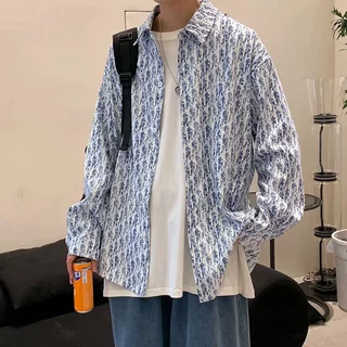 高品质21潮牌新款满老花LOGO提花长袖牛仔衬衫时尚宽松男女款外套