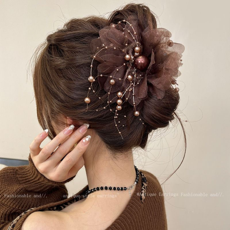 Заколка-крабик с кисточками, в цветочек, 11см