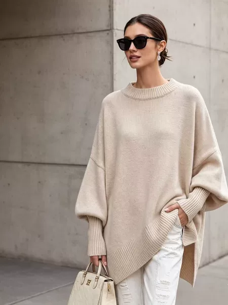 European and American cross-border 2026 autumn and winter round-neck pullover plus-size knit sweater, loose and casual style, solid color women's sweater