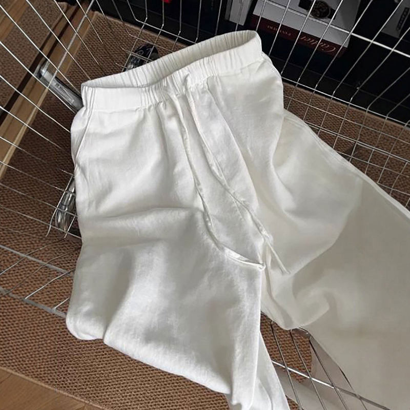 White linen wide-leg pants for women, summer thin high-waisted casual drapey old money style sun-protective narrow cotton-linen straight pants White linen wide-leg pants for women, summer thin high-waisted casual drapey old money style sun-protective narrow cotton-linen straight pants