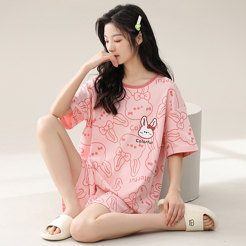 Middle Eastern Pajamas Live Summer Women's Short-sleeved Shorts Cartoon Imitation Cotton Pajamas Pullover Home Clothes