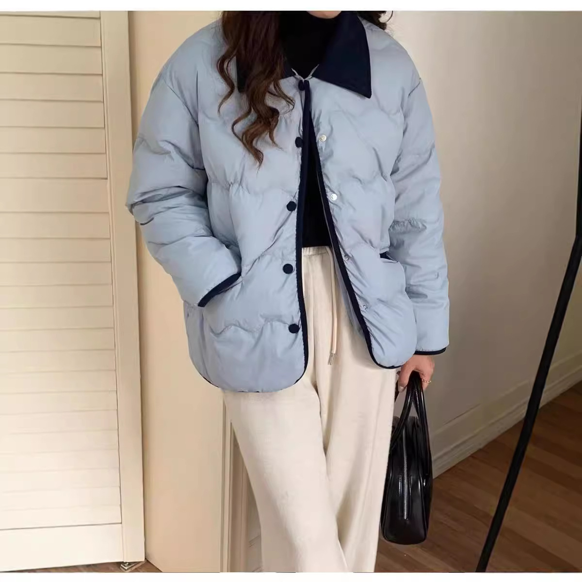 棉衣女短款设计感条绒撞色翻领宽松面包服新款冬季学院风外套棉服