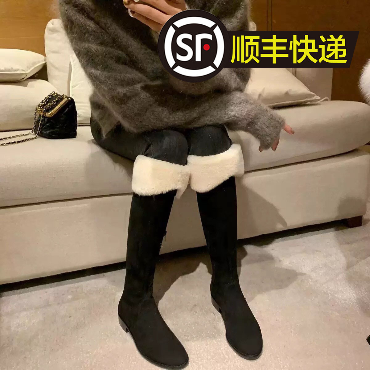 羊毛版jilL同款粗跟长筒靴女冬加厚绒雪地靴羊羔毛靴子高筒骑士靴