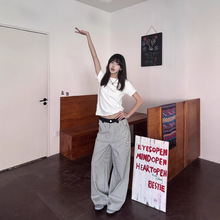 原创爱心刺绣美式复古竖条纹裤子女设计感小众休闲裤直筒垂感