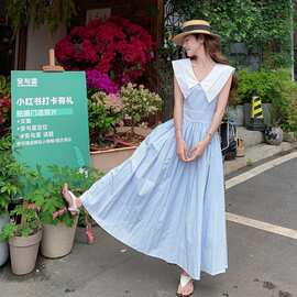 夏季韩版俏皮学院风条纹连衣裙女2026新款设计感拼色大翻领A字裙