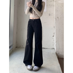 kumikum1新款黑色弹力简约百搭牛仔裤女秋季显瘦减龄直筒裤拖地裤
