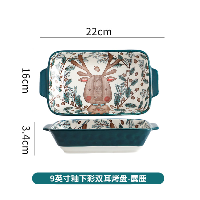 Placa de cerámica de dibujos animados lindo plato para hornear con mango restaurante hogar plato doble oreja placa de arroz al horno placa occidental al por mayor