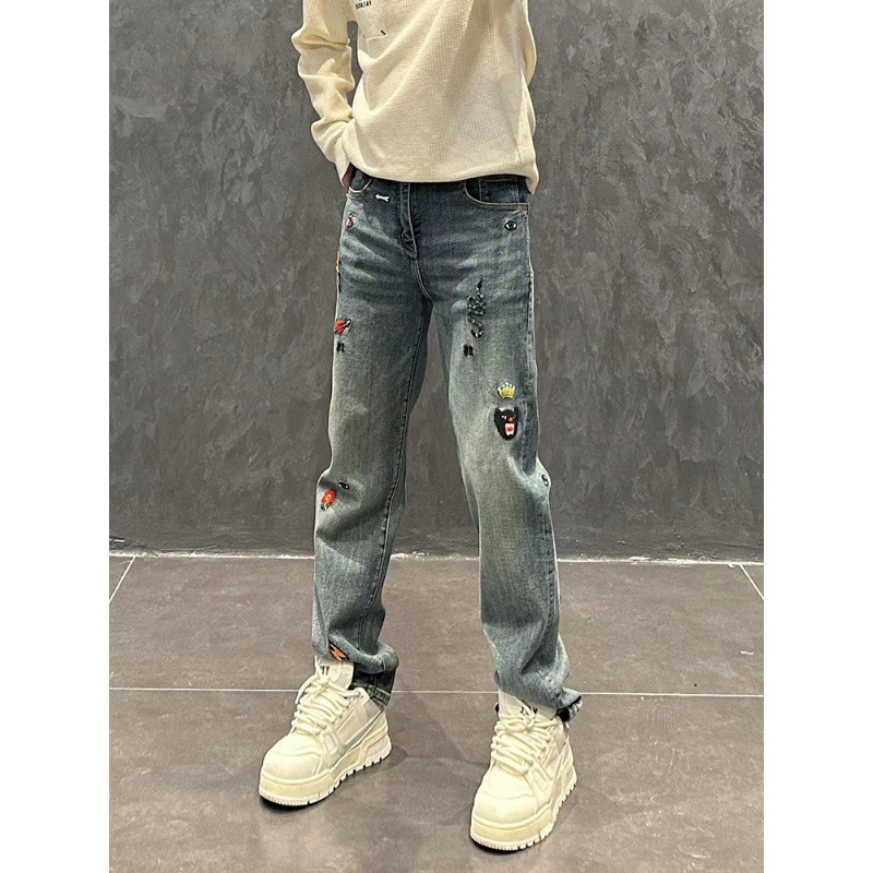 Blue Jeans Men's Light Luxury Embroidered Straight Pants All-match Trendy Stretch High Street Style European Casual Pants