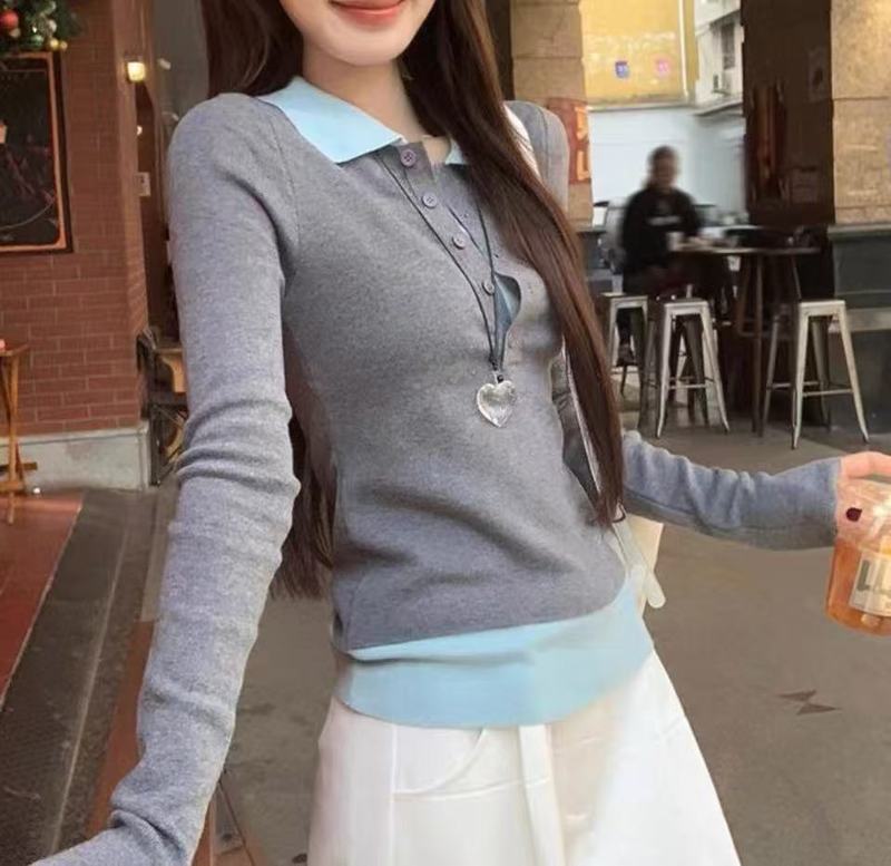 甜酷风POLO领撞色假两件长袖针织衫女秋季设计感修身显瘦气质上衣|undefined